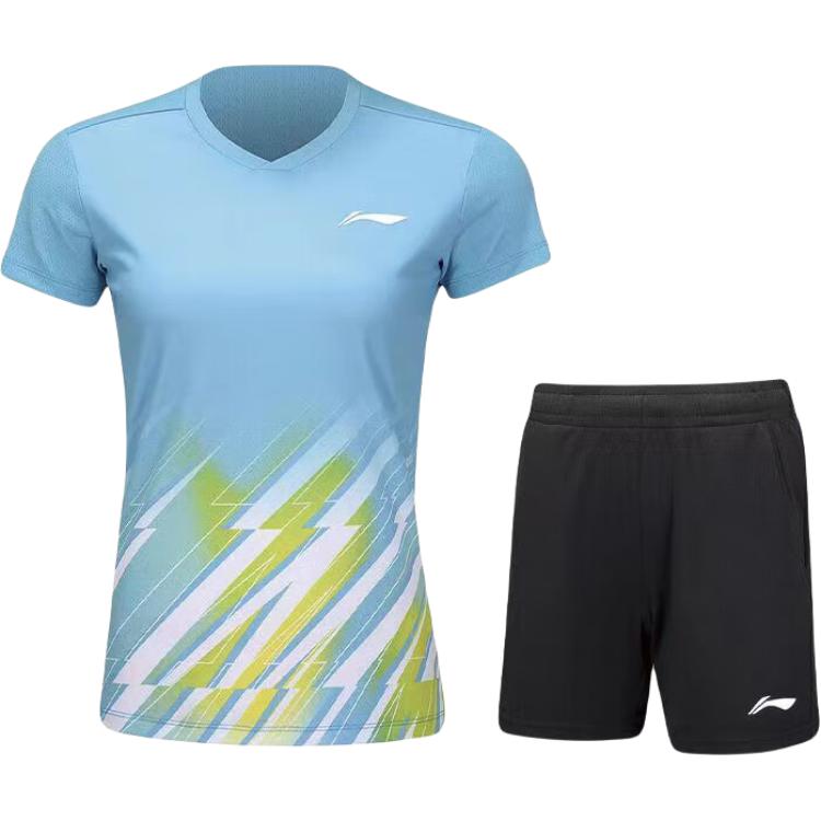 (Women) Li-Ning Quick-Dry V-Neck Shirt & Breathable Shorts Blue Black Set AATU032-3
