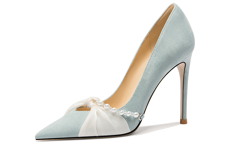 (Women) Lily Wei 10cm Suede Pearl Bow Slip-On Stiletto High Heels. Single shoes 610