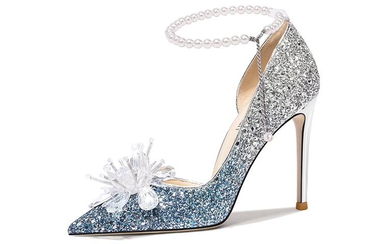 (Women) Lily Wei Cinderella 'Blue Gradient Glitter Leather Rhinestone Pearl Buckle High Heels' NN-196