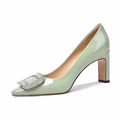 (W) Lily Wei Custom 'Green Crystal Buckle Patent Leather Mules'
