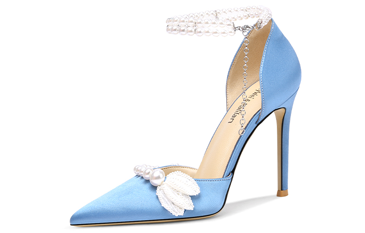 (Women) Lily Wei Fabric Pearl Beaded Chain One-Strap High Heels 'Sky Blue' NN-204