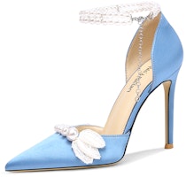 (Women) Lily Wei Fabric Pearl Beaded Chain One-Strap High Heels 'Sky Blue' NN-204 (Women) Lily Wei Fabric Pearl Beaded Chain One-Strap High Heels 'Sky Blue' NN-204