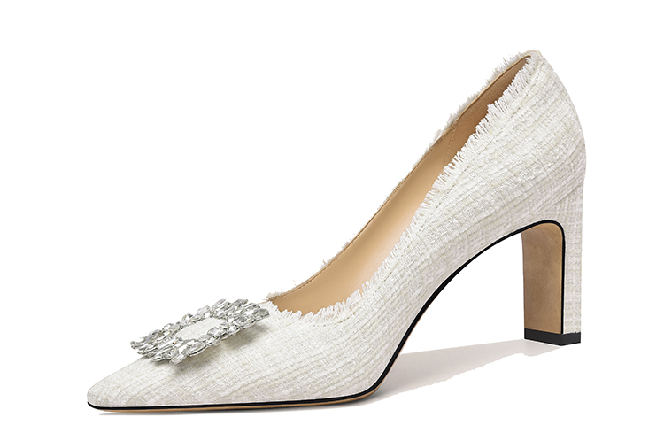 (Women) Lily Wei Fabric Rhinestone Buckle Slip-On High Heels 'White' M1-082