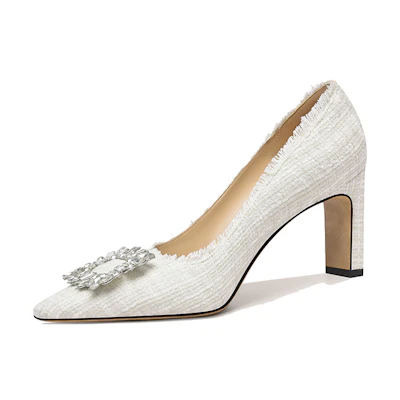 (W) Lily Wei Fabric Rhinestone Buckle Slip-On High Heels 'White'