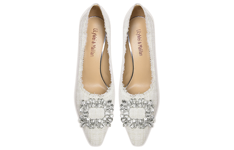 Lookbook (W) Kasut Tumit Tinggi Slip-On Fabrik Rhinestone Gesper 'Putih' M1-082