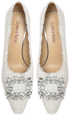 (Women) Lily Wei Fabric Rhinestone Buckle Slip-On High Heels 'White' M1-082 Lookbook (Women) Lily Wei Fabric Rhinestone Buckle Slip-On High Heels 'White' M1-082