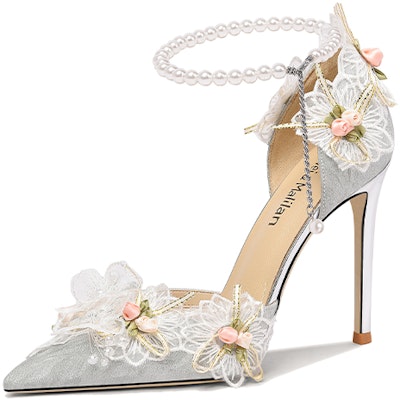 (Women) Lily Wei Gilda Leather Pearl Ankle Strap Floral High Heels Silver 'Emerald Fairyland' NN-116 Buy (Women) Lily Wei Gilda Leather Pearl Ankle Strap Floral High Heels Silver 'Emerald Fairyland' NN-116