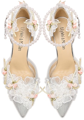 (Women) Lily Wei Gilda Leather Pearl Ankle Strap Floral High Heels Silver 'Emerald Fairyland' NN-116 Lookbook (Women) Lily Wei Gilda Leather Pearl Ankle Strap Floral High Heels Silver 'Emerald Fairyland' NN-116