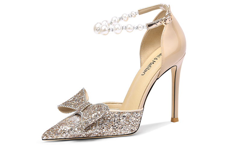 (Women) Lily Wei Glitter Leather High Heels with Rhinestone Bow and Pearl Strap 'Champagne Gold' NN-142