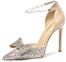 (Women) Lily Wei Glitter Leather High Heels with Rhinestone Bow and Pearl Strap 'Champagne Gold' NN-142 (Women) Lily Wei Glitter Leather High Heels with Rhinestone Bow and Pearl Strap 'Champagne Gold' NN-142