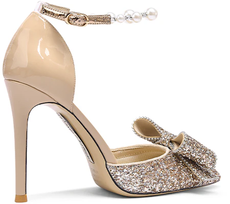 (Women) Lily Wei Glitter Leather High Heels with Rhinestone Bow and Pearl Strap 'Champagne Gold' NN-142 Order (Women) Lily Wei Glitter Leather High Heels with Rhinestone Bow and Pearl Strap 'Champagne Gold' NN-142