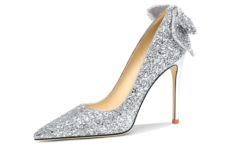 (Women) Lily Wei Glitter Leather High Heels with Sequins and Bow 'Silver' NN-057