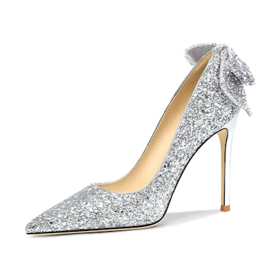 (W) Lily Wei Glitter Leather High Heels with Sequins and Bow 'Silver'