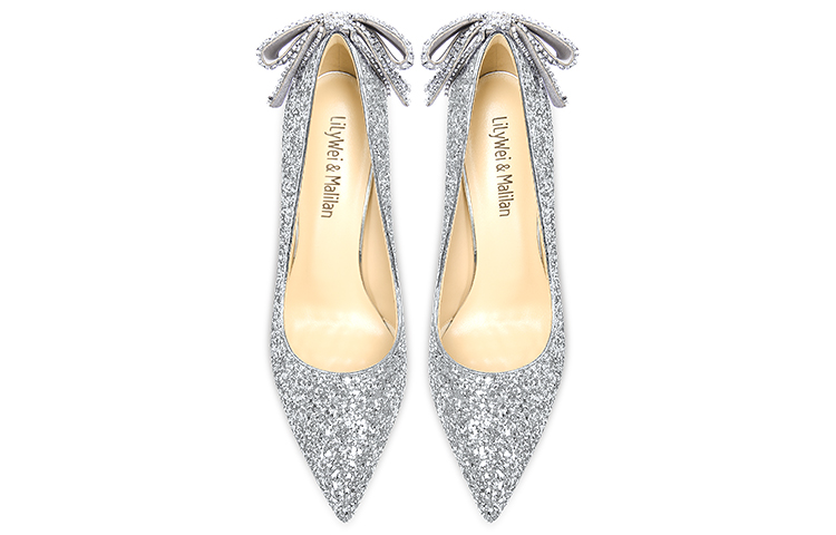 Lookbook 百合薇 格利特皮革亮片蝴蝶結高跟鞋 10公分 女款 銀色