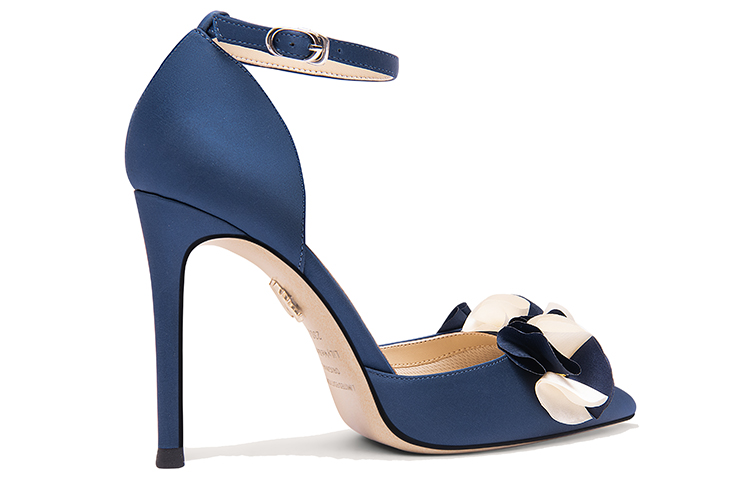 Order Lily Wei 織物 水鑽花卉一字型扣帶 細跟 高筒鞋 女款 藍色