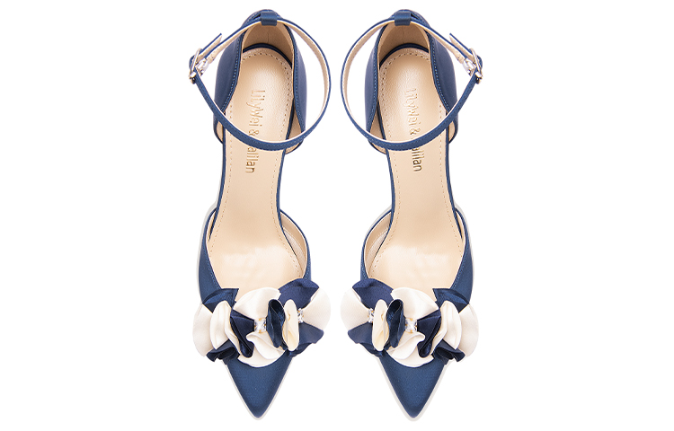 Lookbook Lily Wei 織物 水鑽花卉一字型扣帶 細跟 高筒鞋 女款 藍色