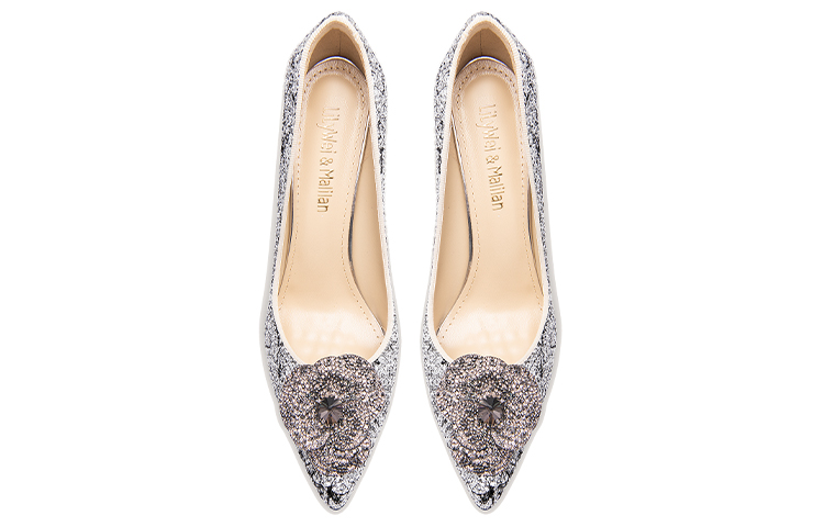 Lookbook Lily Wei 拼色水鑽花卉一腳蹬 細跟 高跟鞋 10cm 女款 璀璨黑