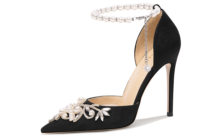 (Women) Lily Wei High Heel 'Black Suede with Rhinestone and Pearl Strap' NN-553