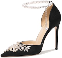 (Women) Lily Wei High Heel 'Black Suede with Rhinestone and Pearl Strap' NN-553 (Women) Lily Wei High Heel 'Black Suede with Rhinestone and Pearl Strap' NN-553