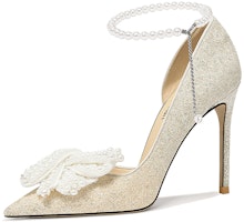 (Women) Lily Wei High Heel 'Champagne Gradient with Pearlescent Sequin Bow Tie Strap' NN-280 (Women) Lily Wei High Heel 'Champagne Gradient with Pearlescent Sequin Bow Tie Strap' NN-280