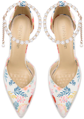 Lily Wei 織物 珍珠一字式扣帶 細跟 高跟鞋 女款 白色印花 Lookbook Lily Wei 織物 珍珠一字式扣帶 細跟 高跟鞋 女款 白色印花