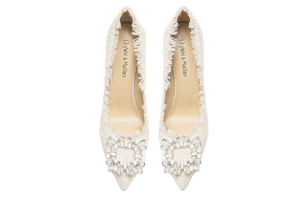 Lookbook Lily Wei 織物 輕熟水鑽方扣小香風 細跟 高筒鞋10cm 女款 白色