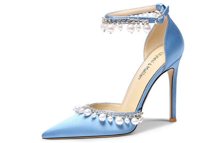 (Women) Lily Wei High Heel Sandals 'Sky Blue Fabric Pearl Rhinestone' NN-201