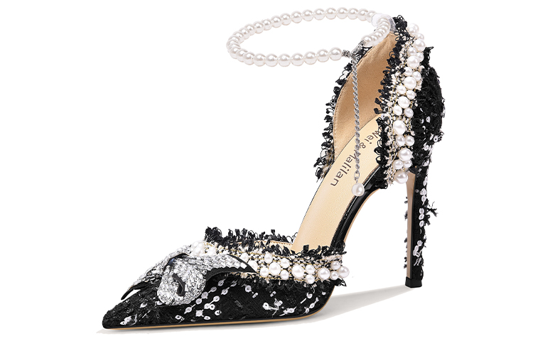 (Women) Lily Wei High Heels 'Black Pearl Chain Butterfly Knot' NN-199