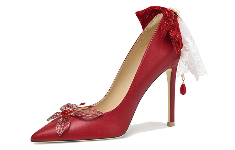 Buy Lily Wei 超細纖維 時尚流蘇蝴蝶結 細跟 高筒鞋 女款 紅色