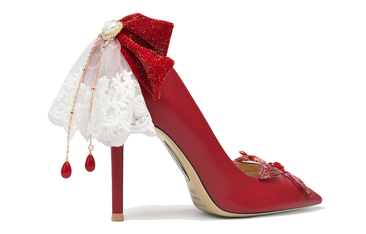 Order Lily Wei 超細纖維 時尚流蘇蝴蝶結 細跟 高筒鞋 女款 紅色