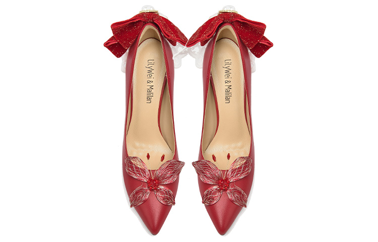 Lookbook Lily Wei 超細纖維 時尚流蘇蝴蝶結 細跟 高筒鞋 女款 紅色