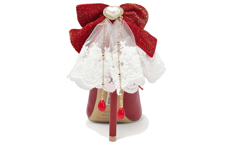 Shop Lily Wei 超細纖維 時尚流蘇蝴蝶結 細跟 高筒鞋 女款 紅色