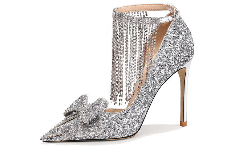 (Women) Lily Wei High Heels 'Silver Glitter Leather with Rhinestone Tassels and Bow' NN-149