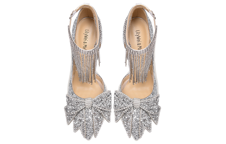Lookbook (Women) Lily Wei High Heels 'Silver Glitter Leather with Rhinestone Tassels and Bow' NN-149