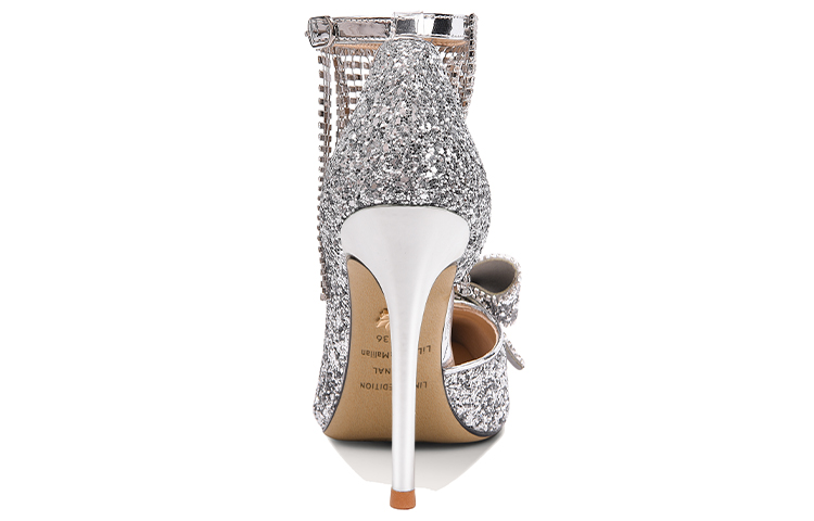 Shop (Women) Lily Wei High Heels 'Silver Glitter Leather with Rhinestone Tassels and Bow' NN-149
