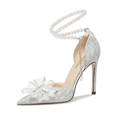(W) Lily Wei High Heels 'Silver Pearl Butterfly Knot'
