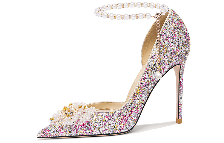 (Women) Lily Wei Leather High Heels 'Metallic Beaded Pearl Ankle Strap Pink Shimmer' NN-532