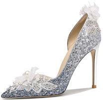 (Women) Lily Wei Leather Pearl Rhinestone Floral Cutout Slip-On High Heels 'Blue Gradient' NN-127 (Women) Lily Wei Leather Pearl Rhinestone Floral Cutout Slip-On High Heels 'Blue Gradient' NN-127