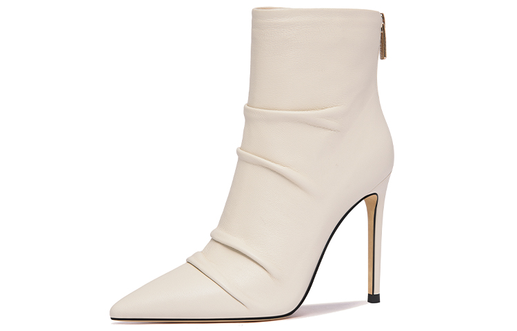 (Women) Lily Wei Leather Pointed-Toe Stiletto with Side Zip 10cm 'Ruched Ankle Boot' X-063