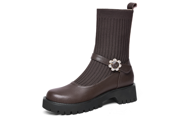 (Women) Lily Wei Leather Round Toe Platform Ankle Boots 'Reddish Brown' XPJ-065