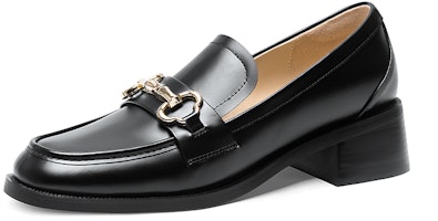 (Women) Lily Wei Leather Slip-Ons Black 'British Style Block Heel' KF-008 (Women) Lily Wei Leather Slip-Ons Black 'British Style Block Heel' KF-008