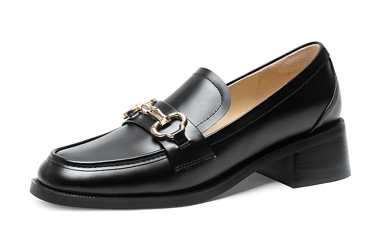 (Women) Lily Wei Leather Slip-Ons Black 'British Style Block Heel' KF-008