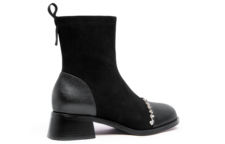 Order Lily Wei 頭層牛皮 水鑽側拉鍊 舒適百搭 短中筒 馬丁靴 4cm 女款 黑色