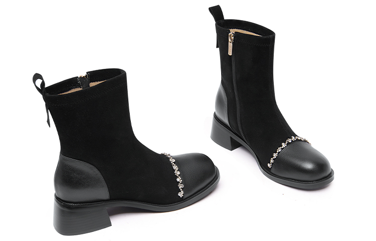 Lookbook Lily Wei 頭層牛皮 水鑽側拉鍊 舒適百搭 短中筒 馬丁靴 4cm 女款 黑色