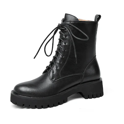 (W) Lily Wei Martin Boots 'Black Lace-Up with Side Zipper'