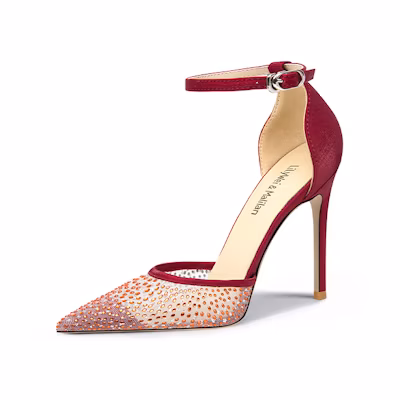 (W) Lily Wei Mesh Pointed-Toe High Heels 'Red Rhinestone Stiletto'