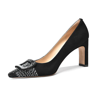 (W) Lily Wei Mule High Heels 'Black Crystal Square Buckle'