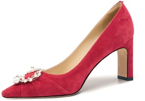 (Women) Lily Wei Pearl Buckle Square Toe Chunky Heel 'Red Letter' M1-097 (Women) Lily Wei Pearl Buckle Square Toe Chunky Heel 'Red Letter' M1-097