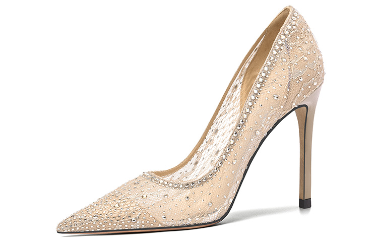(Women) Lily Wei Pointed-Toe High Heel Mules 'Apricot Mesh and Rhinestones' J-099