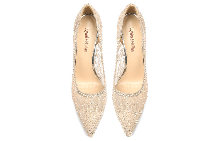 Lookbook (Women) Lily Wei Pointed-Toe High Heel Mules 'Apricot Mesh and Rhinestones' J-099